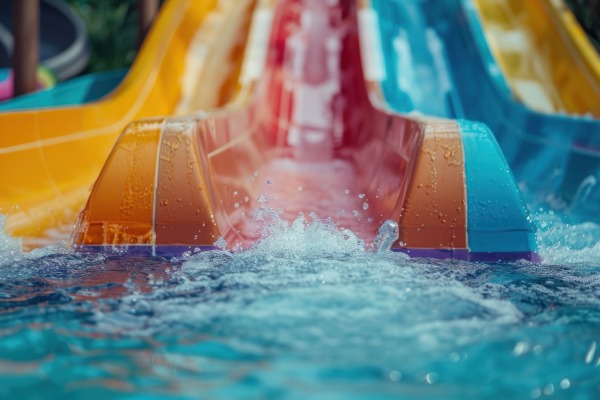 Color water slide in water park, water splashes, joyful mood, summer vacation